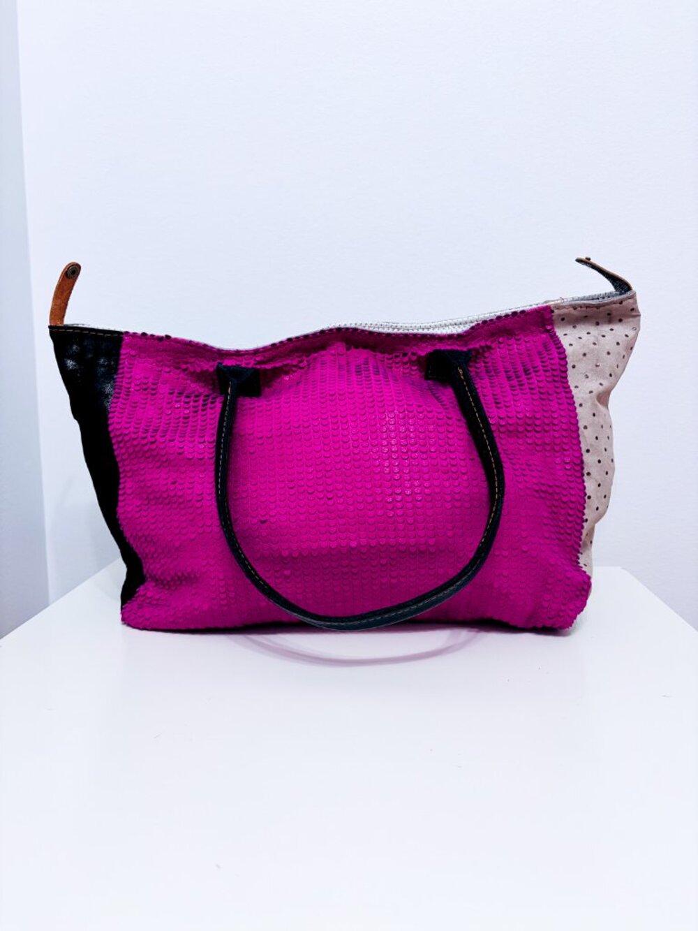EBARRITO Pink Multicolor Leather Textured Oversized Tote Bag Colorblock